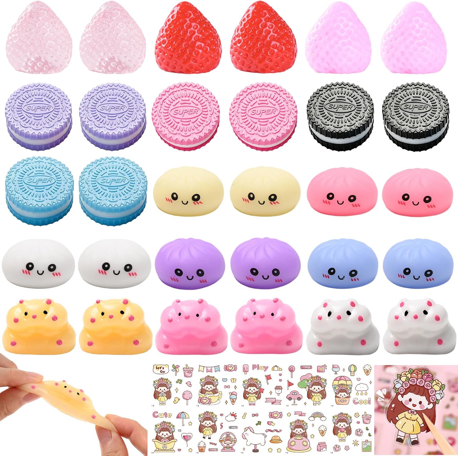 30Pcs Taba Squishy Toys Kit, Mini Kawaii Squishy Stress Relief Fidget Toys for Party Favors Birthday Gifts, Include Cookies, Hamster, Strawberry Toys & 20 Sheets Stickers