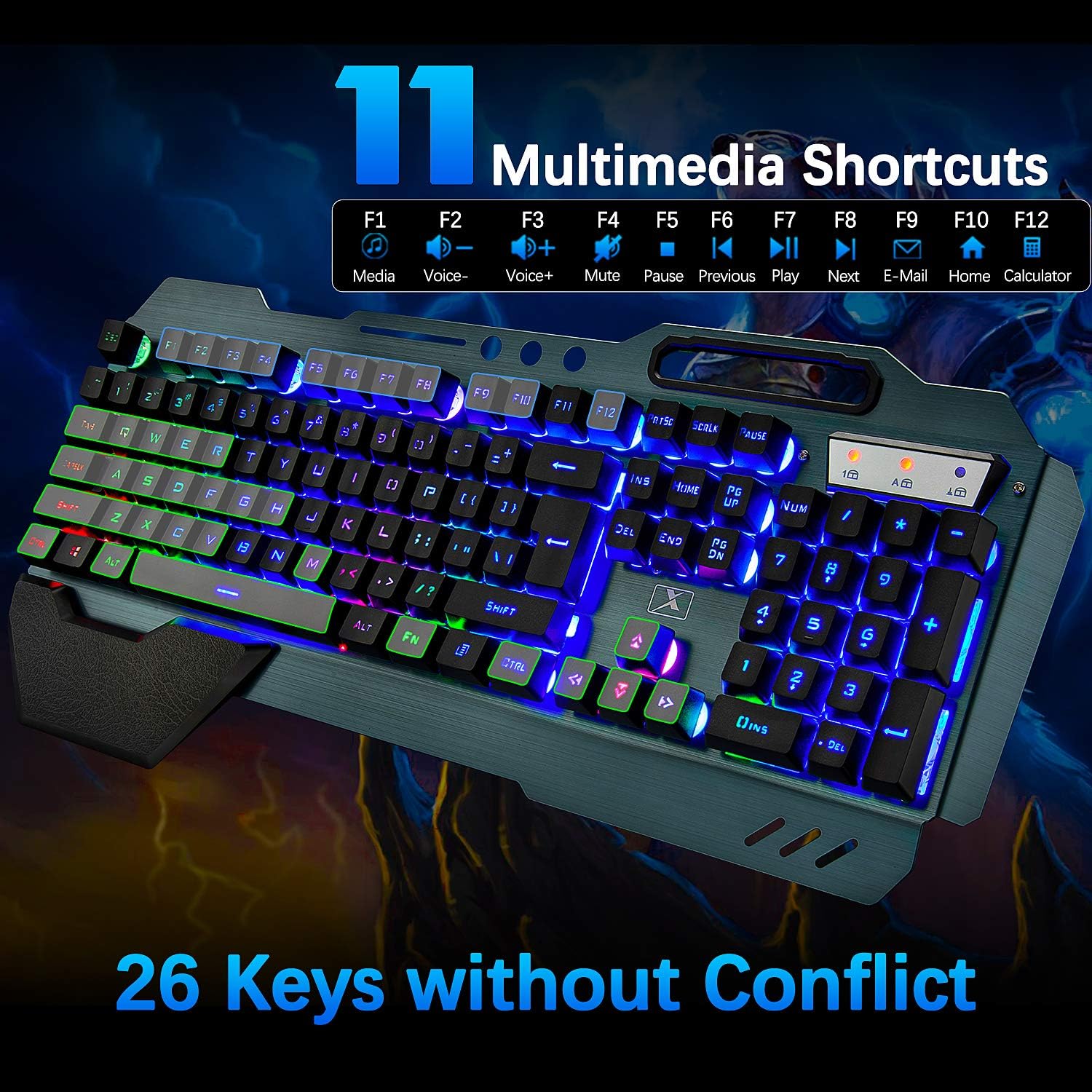 Wireless Gaming Keyboard and Mouse Combo Rainbow Backlit Rechargeable 2.4GHz USB Mechanical Feel Keyboard with 3800mAh Battery and 2400 DPI Mouse