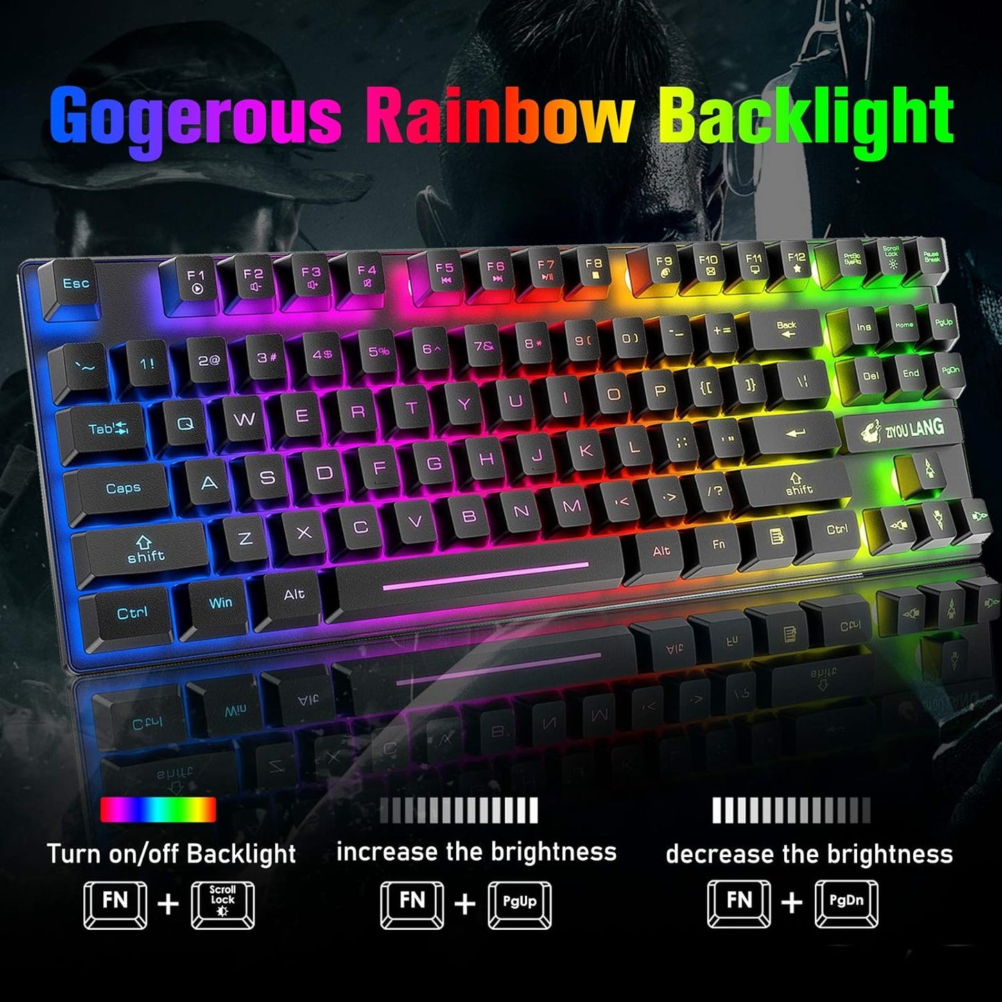 Wireless Gaming Keyboard & Mouse Combo – 87-Key TKL Rainbow RGB Backlit, Rechargeable 3800mAh Battery, Anti-Ghosting, Mute Mouse & Pad, Black