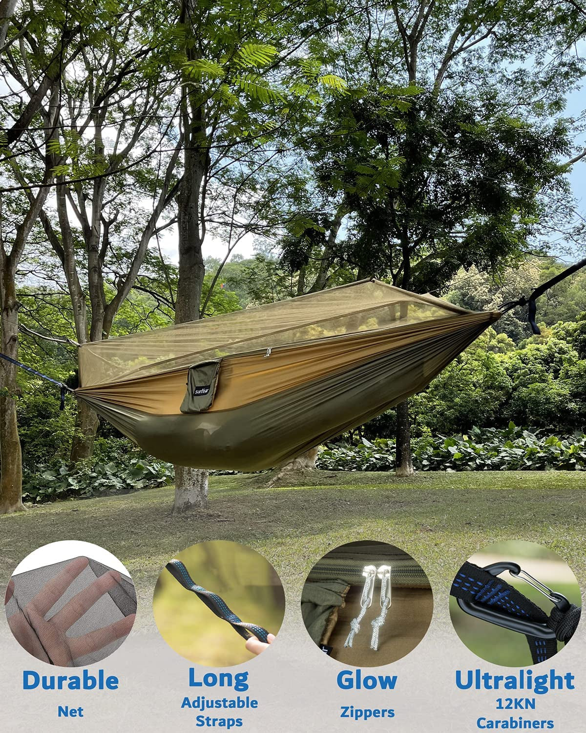 Camping Hammock with Mosquito Net & Rain Fly, Portable Single/Double Hammock Tent with 10 ft Tree Straps, Lightweight Outdoor Hammock for Hiking, Camping & Travel