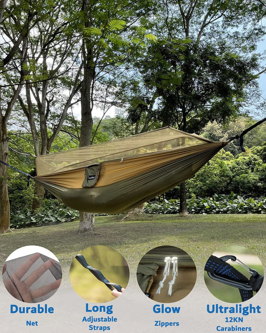 Camping Hammock with Mosquito Net & Rain Fly, Portable Single/Double Hammock Tent with 10 ft Tree Straps, Lightweight Outdoor Hammock for Hiking, Camping & Travel