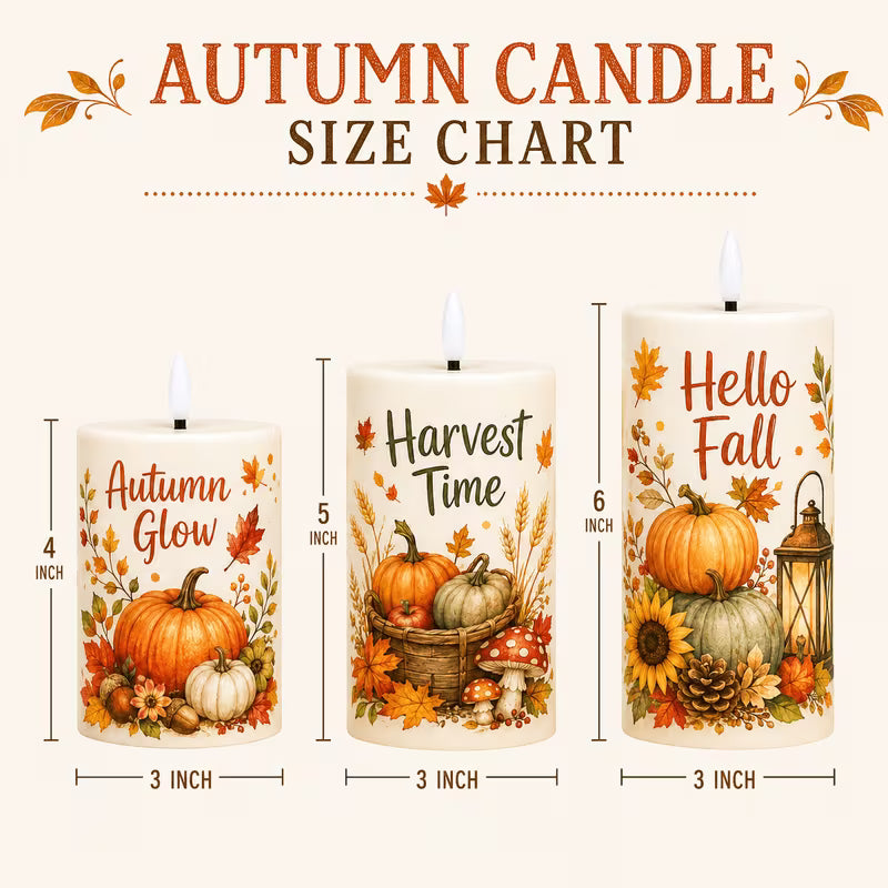 Size chart of three autumn flameless pillar candles at 4, 5 and 6 inches tall