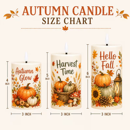 Size chart of three autumn flameless pillar candles at 4, 5 and 6 inches tall