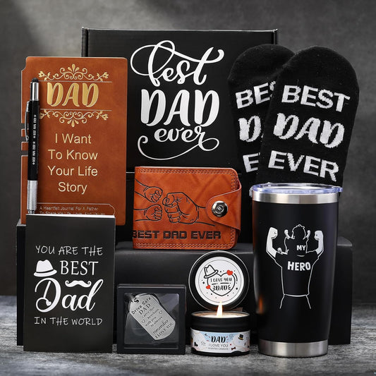 Gifts for Dads Birthday, Father Day Gifts Ideas from Daughter Son, 9 Pcs Dad Birthday Gift Basket Set for Men Husband Fathers Day, Unique Father Presents with 20Oz Tumbler Wallet Notebook Candle