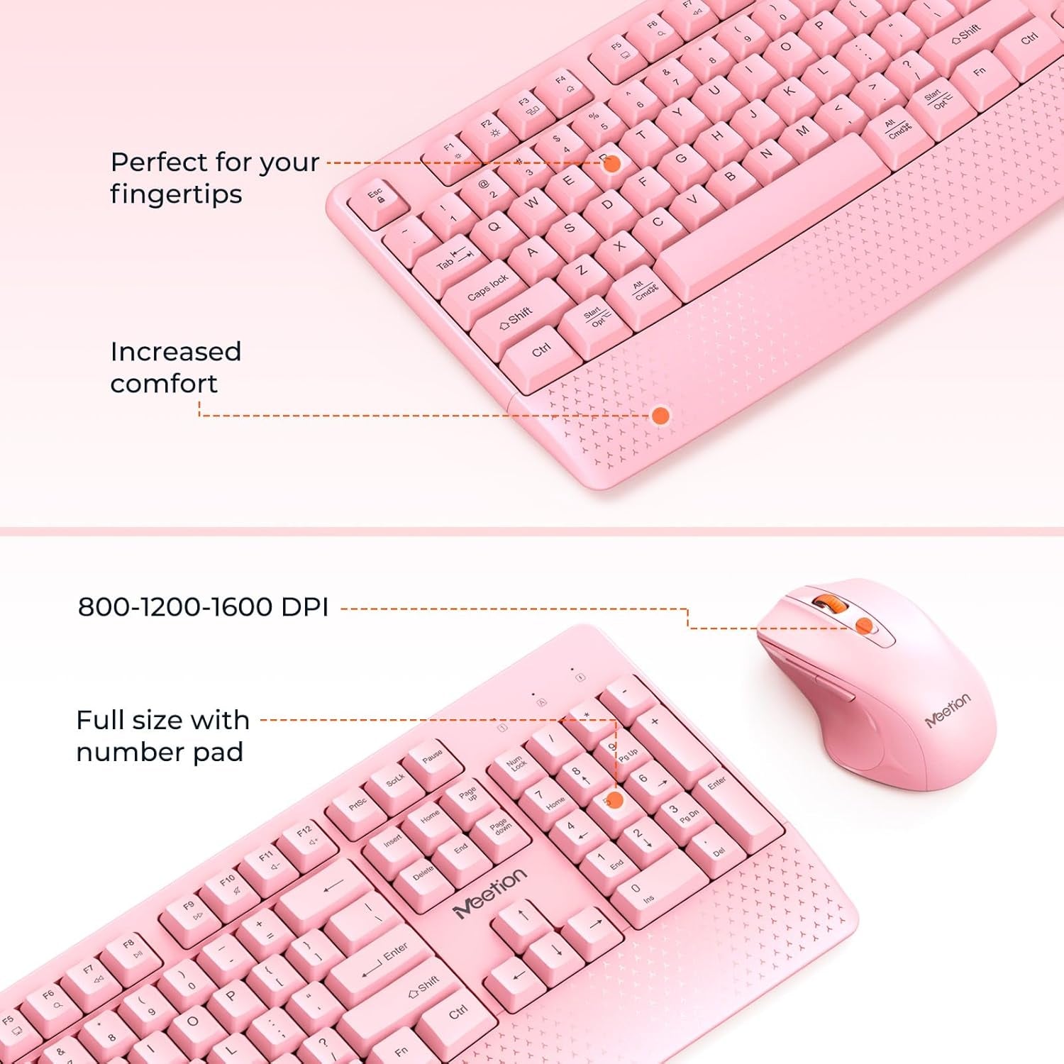 Wireless Keyboard and Mouse, Full-Sized Cordless Keyboard with Wrist Rest, 3 DPI Adjustable Mouse, Keyboard and Mouse Set with 2.4Ghz USB Receiver, for Pc/Computer/Laptop/Windows/Mac, Pink