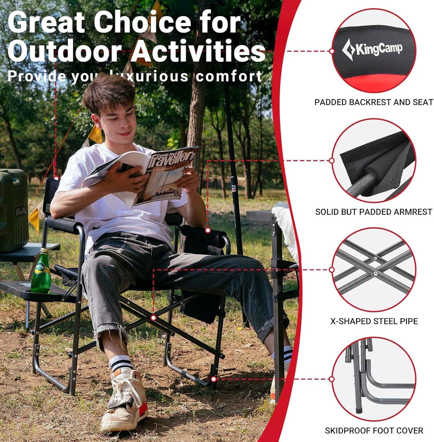 Heavy Duty Camping Director Chair, Folding with Side Table & Storage, Red