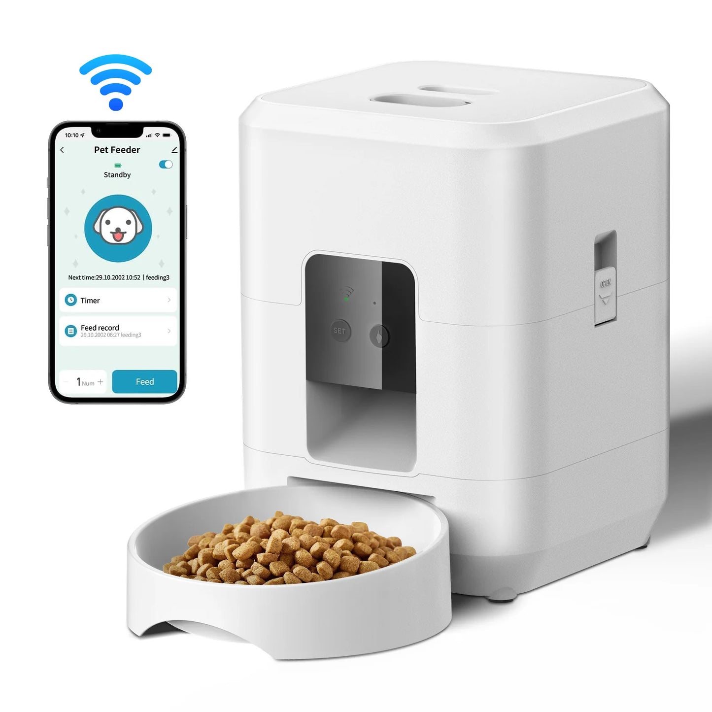 Intelligent Automatic Pet Feeder – 6L Timed Portion Control Dispenser with Remote/App Scheduling, Voice Recording & Anti-Clog Design for Cats & Small Dogs