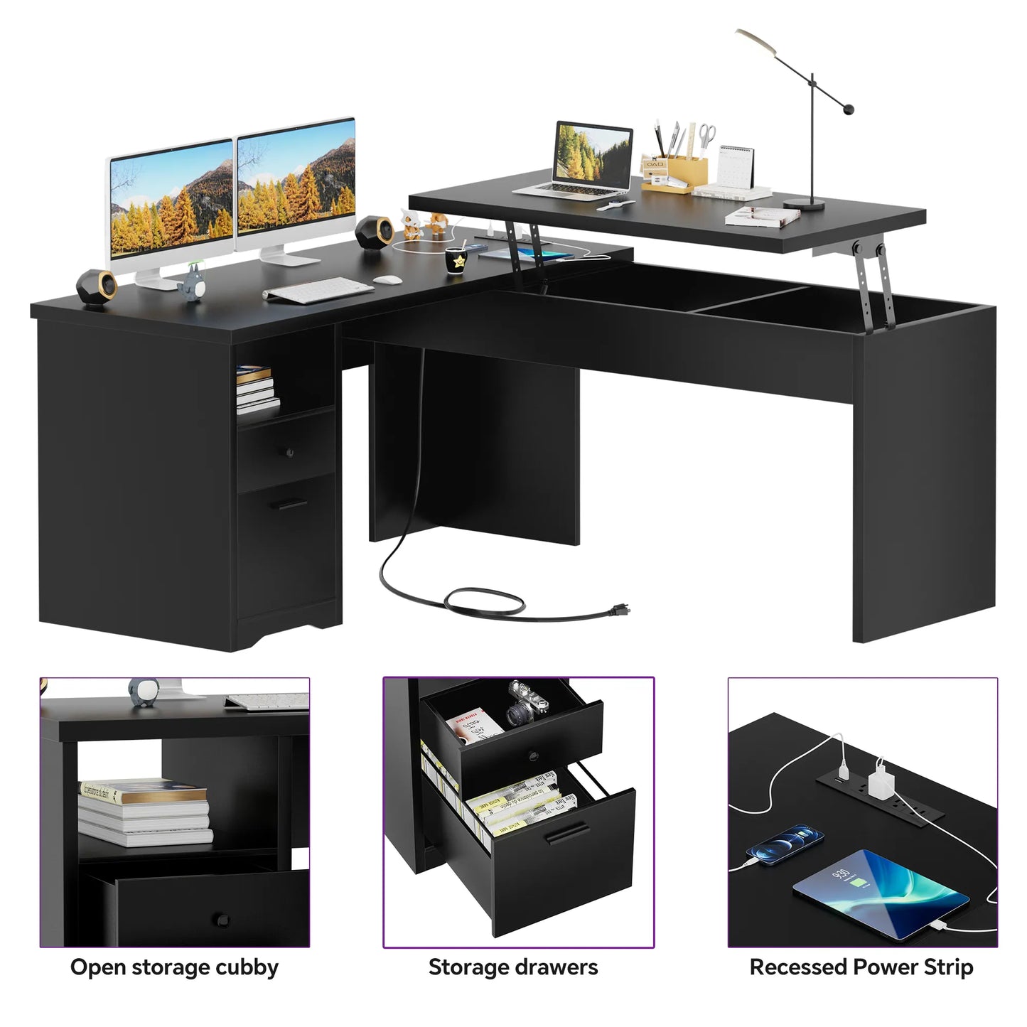 Lift Top L-Shaped Desk with Charge Station, Corner Standing Desk with File Drawers for Home Office