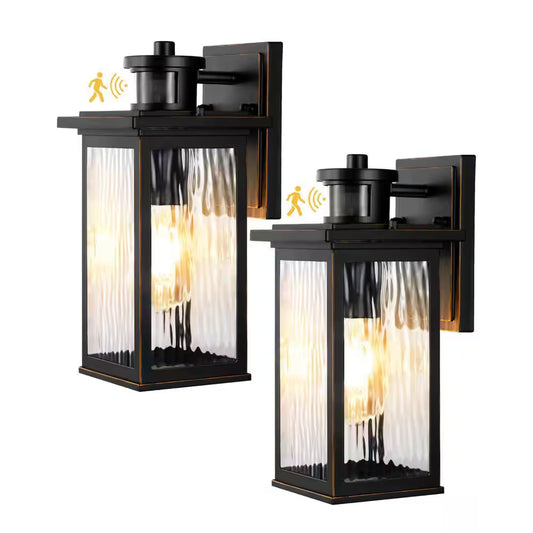 12" Black Outdoor Wall Light Lantern Sconce with Motion Sensor Dimmable Dusk-to-Dawn Hardwired 2-Pack