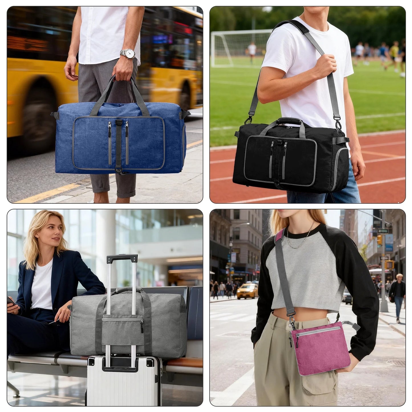 Travel Duffle Bag 24" Foldable Weekender Bags Men Women, 60L Carry on Waterproof Overnight Bag Gym Bag with Shoes Compartment Trolley Sleeve, Large Packable Tote Duffel Bag for Sports Plane