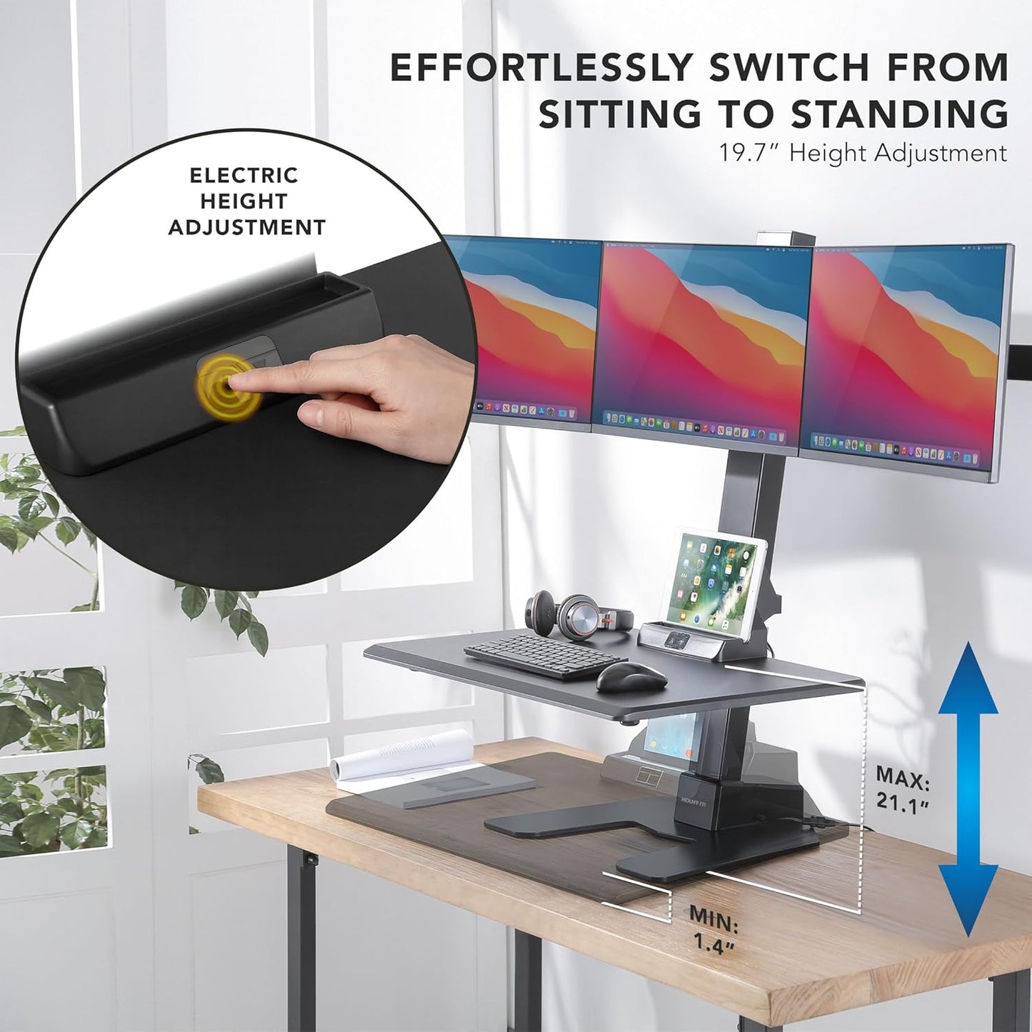 Triple Monitor Electric Standing Desk Converter with Height Adjustable Desktop, 3 Mounts for 13–32 in Screens, Sit-Stand Workstation, Black