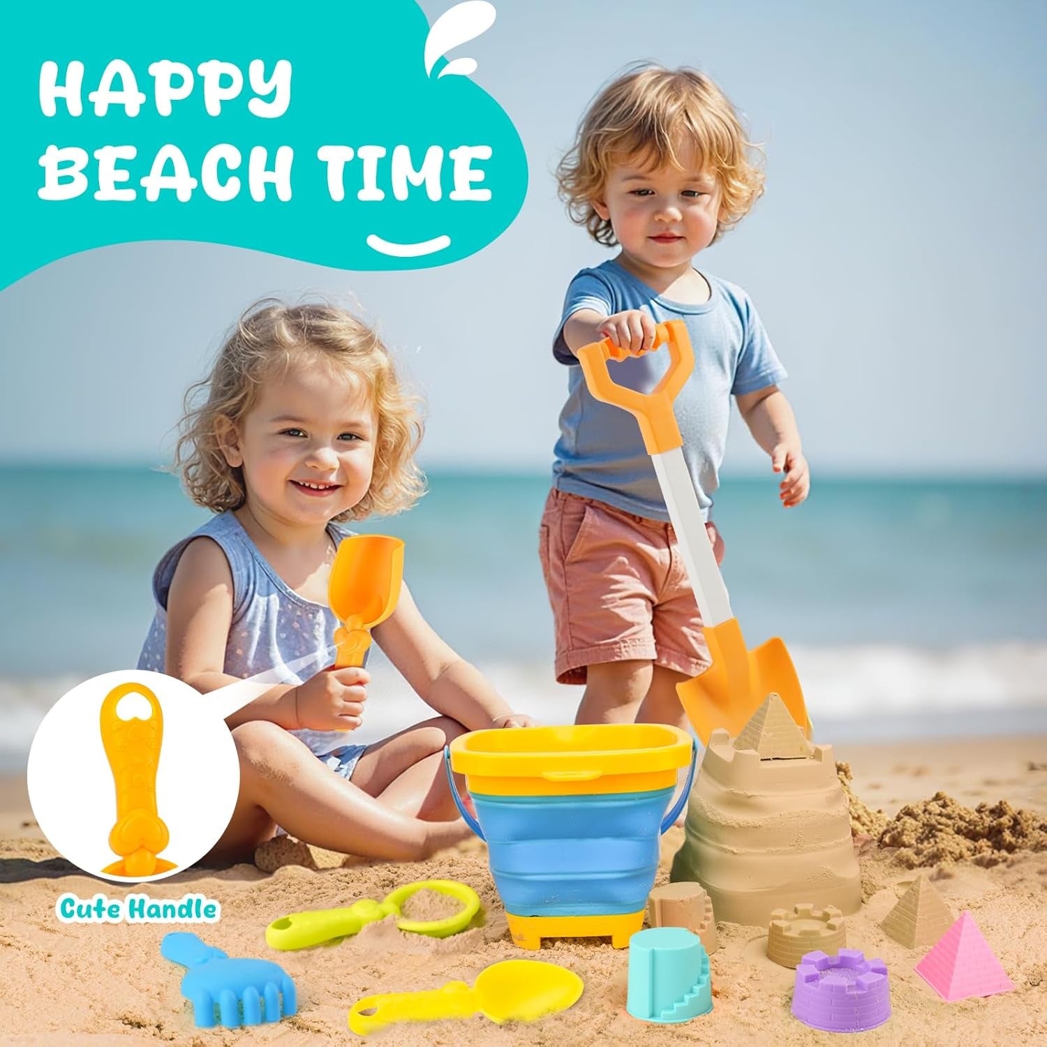 Collapsible Beach Toys for Kids Ages 4-8, Sand Toys for Toddlers Ages 3-4-8, Beach Toy Set with Collapsible Beach Buckets, Sandbox Toy for Kids with Castle Sand Mold and Large Shovels