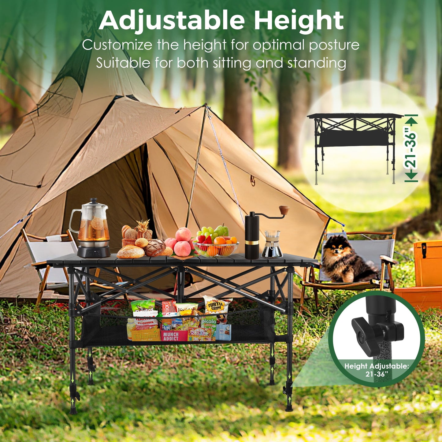 Folding Camping Table Adjustable Height 21-36 in Steel Frame 37 x 22 in Outdoor Picnic Table Black