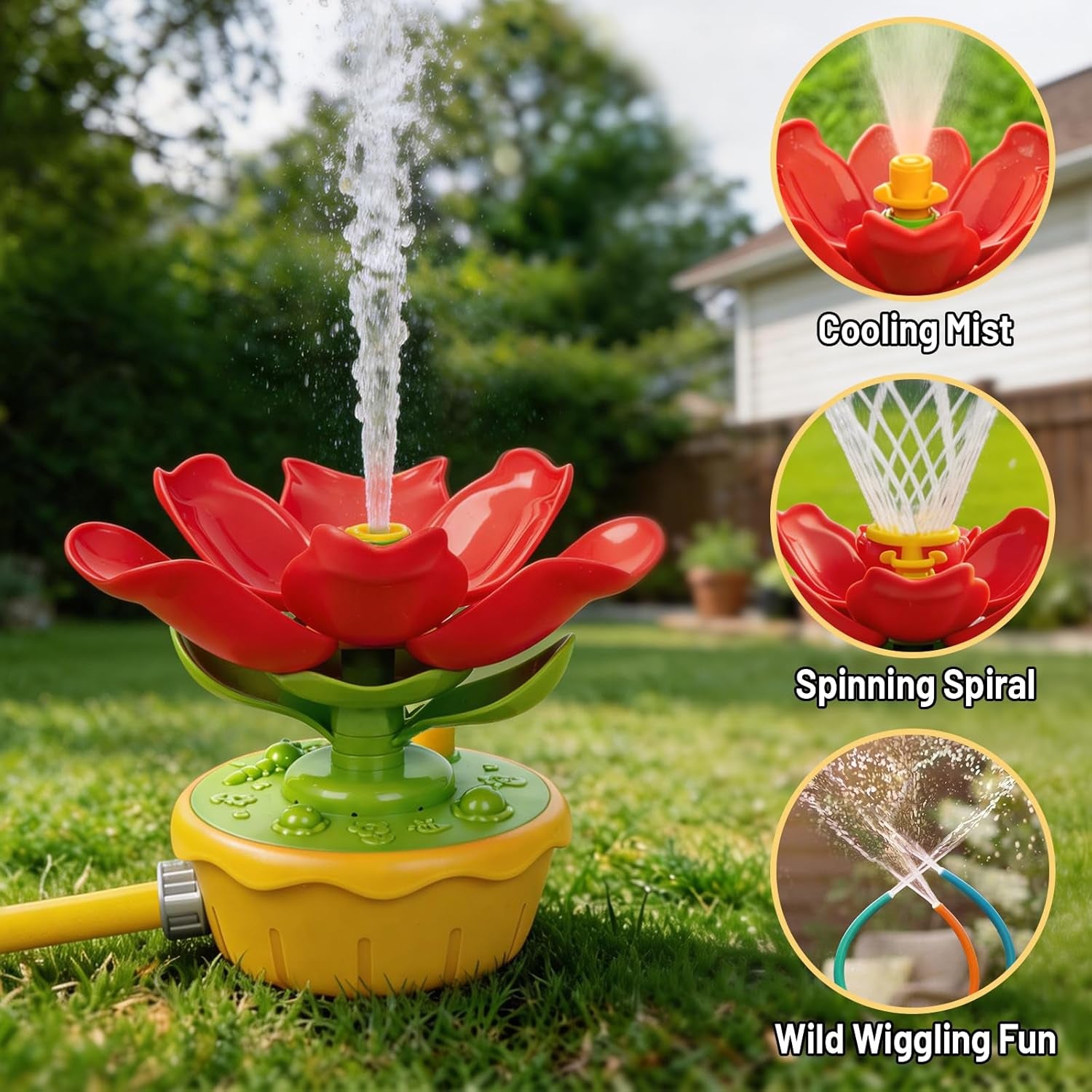 Water Sprinkler for Kids, 3-In-1 Crab Outdoor Toy with Toss Game, Batting Game & Splashing Fun, Attaches to Garden Hose, Summer Backyard Lawn Toy for Boys & Girls Ages 3-8 (Red Flower)