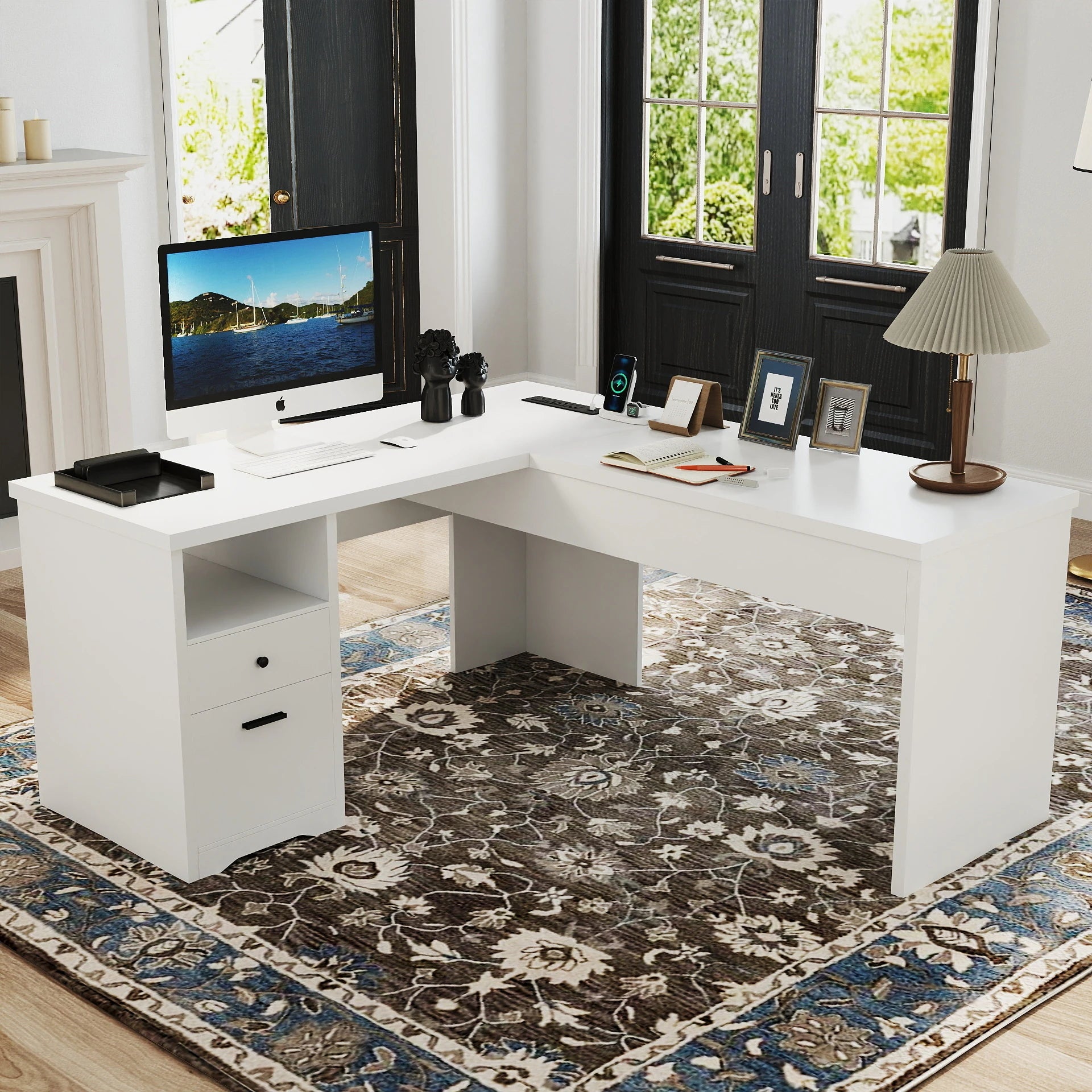 Lift Top L-Shaped Desk with Charge Station, Corner Standing Desk with File Drawers for Home Office