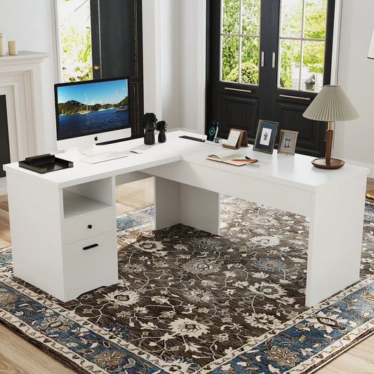 Lift Top L-Shaped Desk with Charge Station, Corner Standing Desk with File Drawers for Home Office