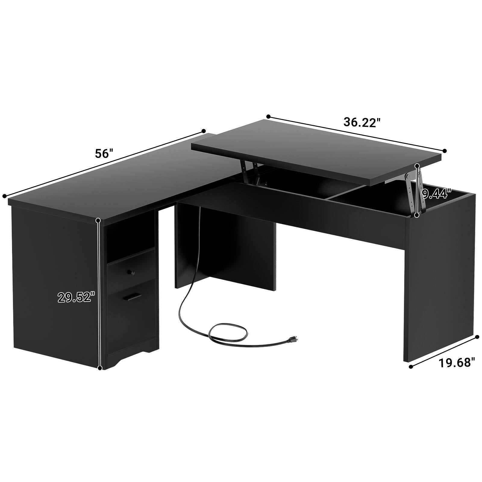 Lift Top L-Shaped Desk with Charge Station, Corner Standing Desk with File Drawers for Home Office
