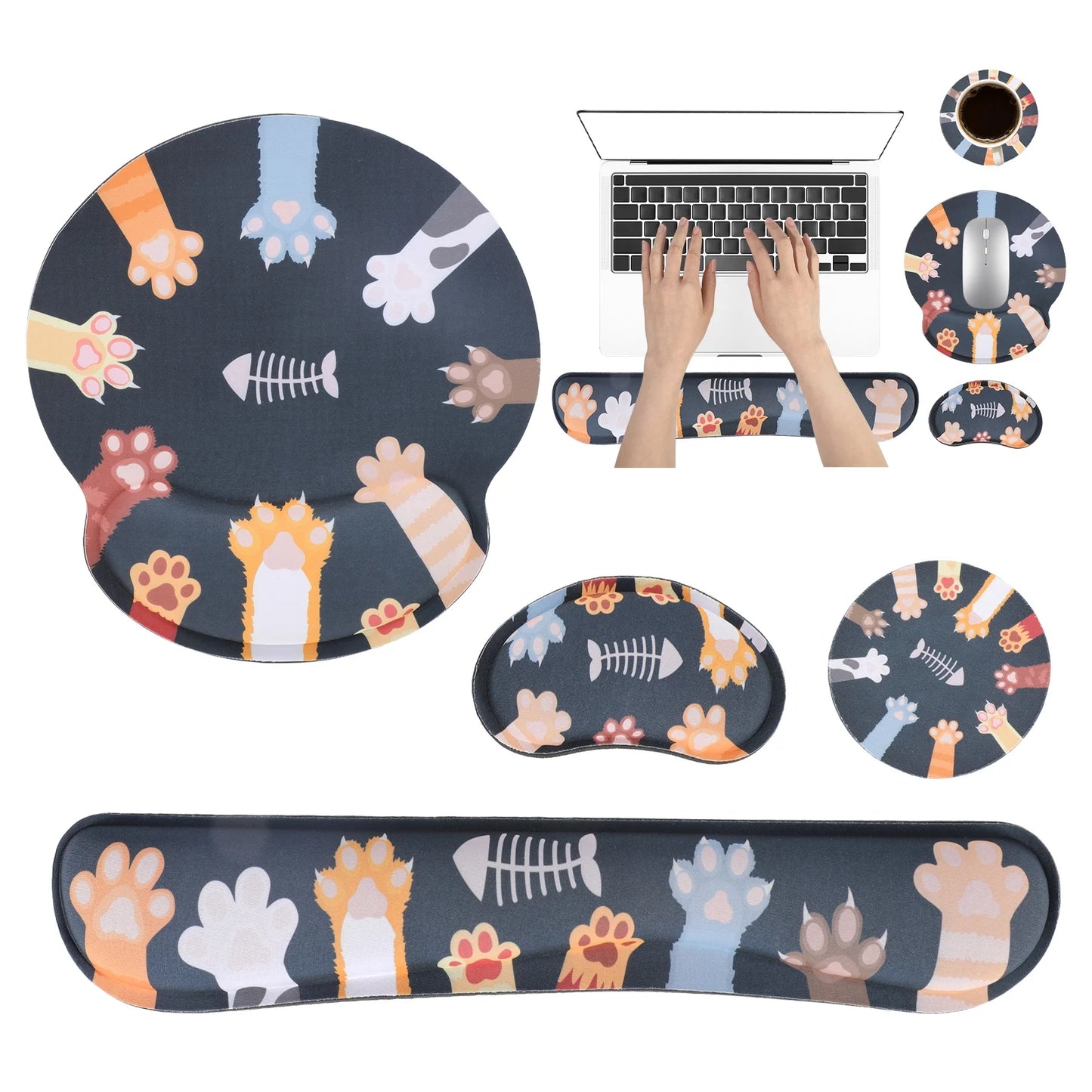 Ergonomic Mouse Pad with Wrist Rest, No Slip Keyboard Wrist Rest and Computer Wrist Support, Memory Foam Wrist Pad with Cup Coaster for Keyboard for Easy Typing and Hand Pain Relief