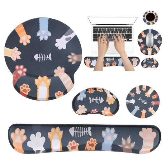 Ergonomic Mouse Pad with Wrist Rest, No Slip Keyboard Wrist Rest and Computer Wrist Support, Memory Foam Wrist Pad with Cup Coaster for Keyboard for Easy Typing and Hand Pain Relief