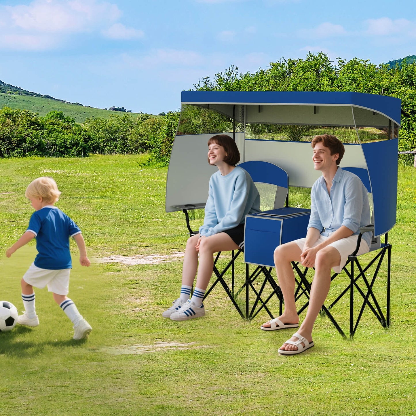 Double Beach Chair with Adjustable Canopy Oversized Folding Camping Chair Navy