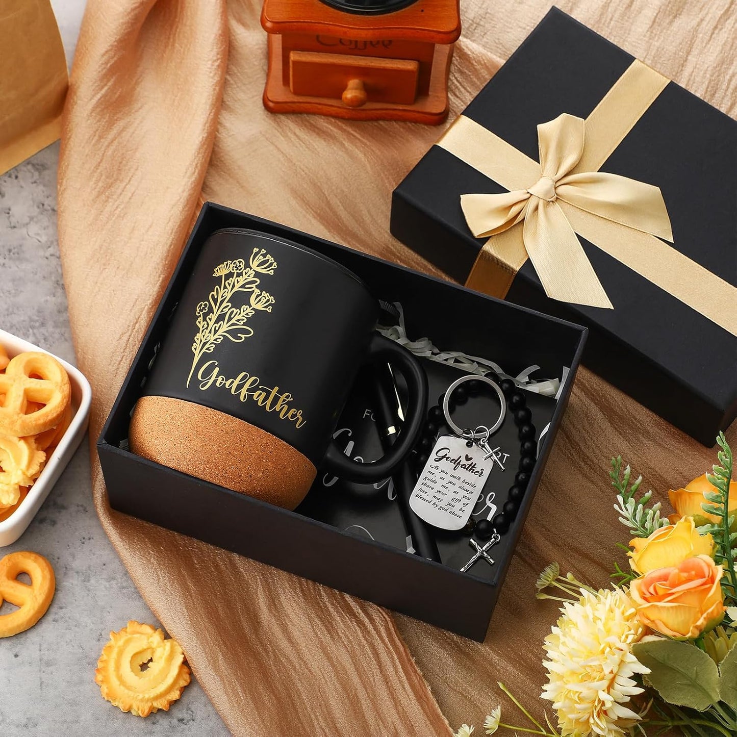 Father'S Day Godfather Proposal Gift for Men God Father Appreciation Gift Set with Father God Mug Cup Keychain Bracelet Forever in My Heart Card for Dad Baptism Favor(Black,Godfather)