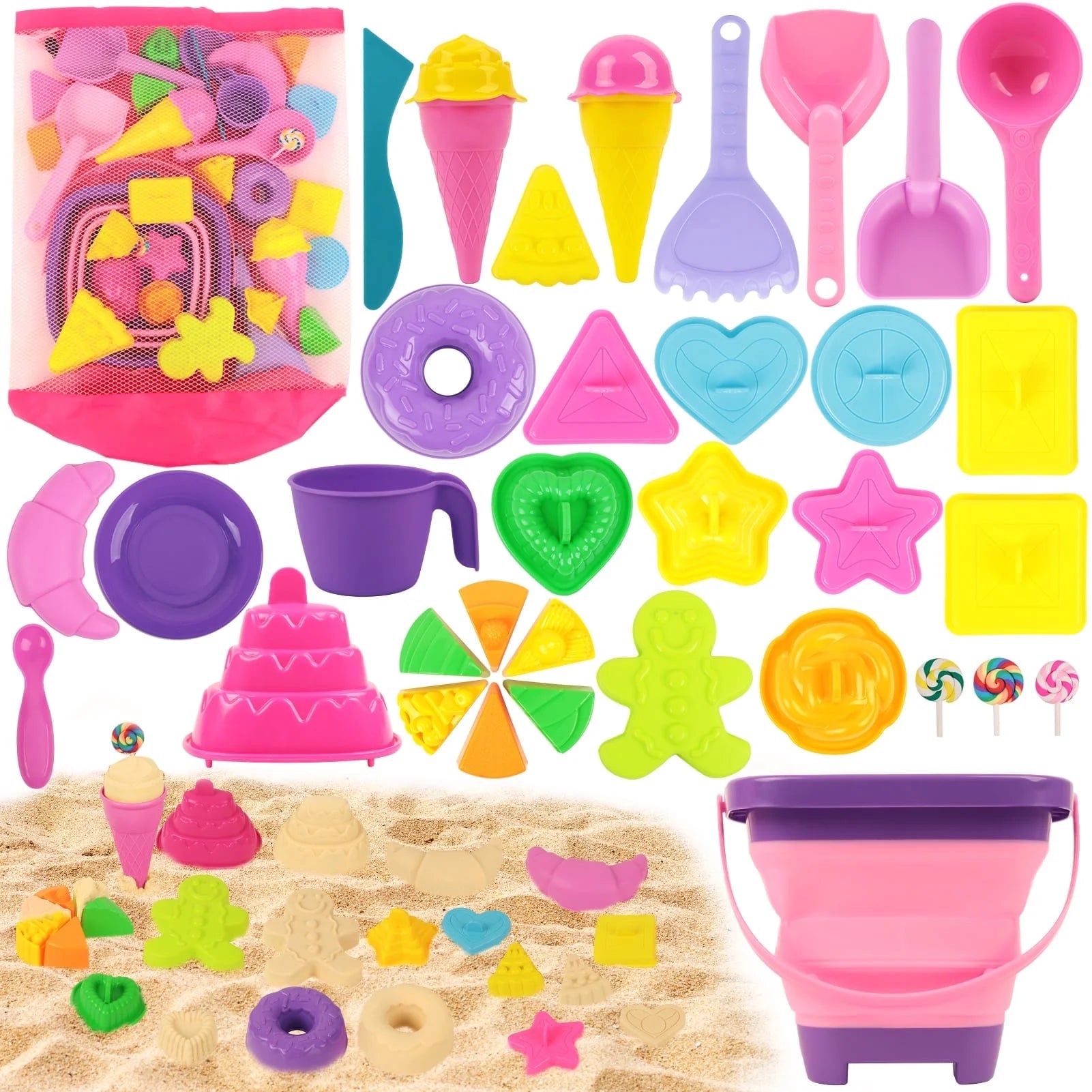 35 Piece Beach Sand Toy Set with Collapsible Silicone Bucket Mesh Bag and Molds Kids Outdoor Sandbox Play Ages 3-12