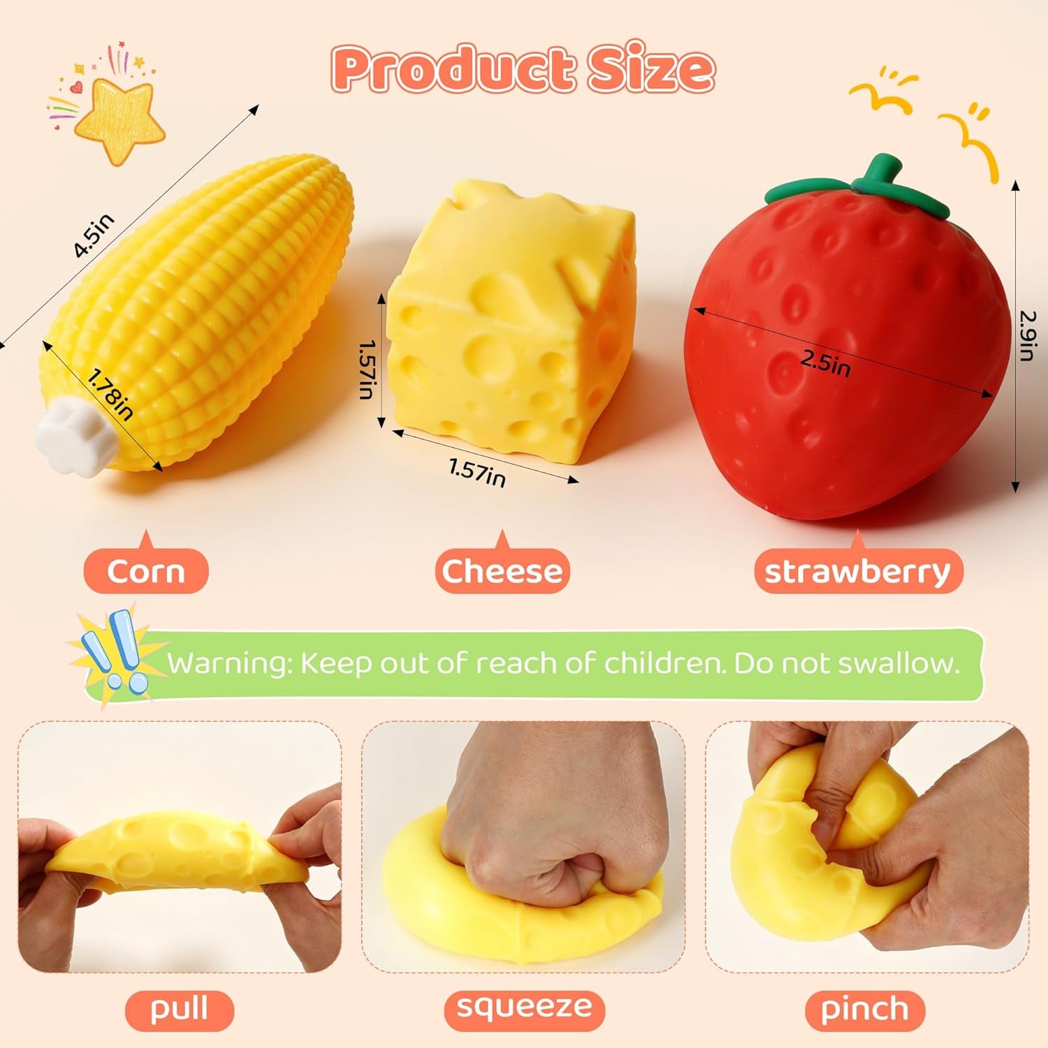 3Pcs Fruit Squishy- Cheese Squishy,Strawberry Corn Squishy,Squeeze Toys,Fruit Squishies for Stress Relief,Gift for Boys Girls Adults