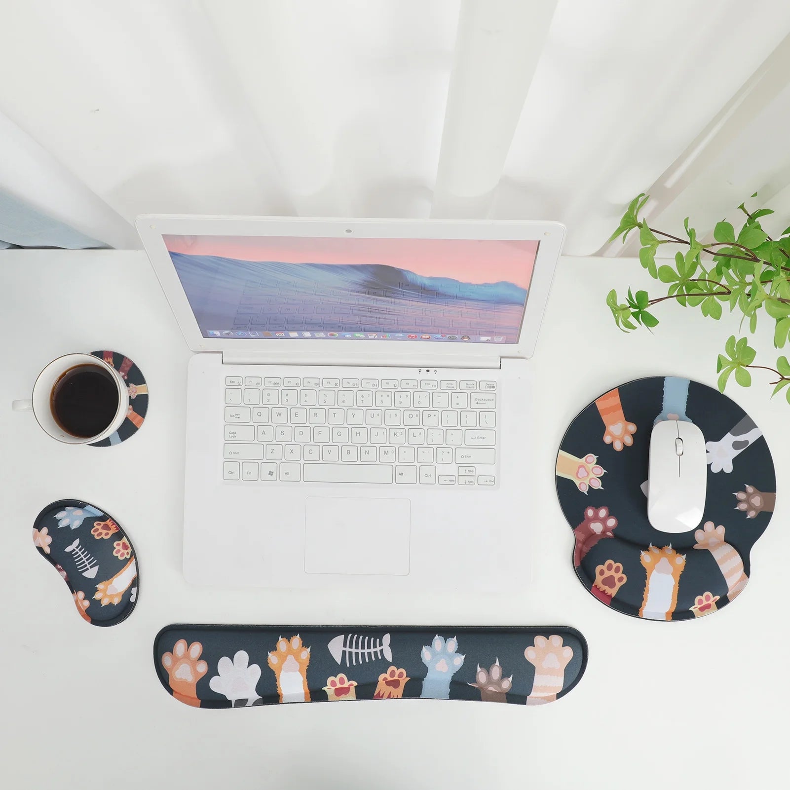 Ergonomic Mouse Pad with Wrist Rest, No Slip Keyboard Wrist Rest and Computer Wrist Support, Memory Foam Wrist Pad with Cup Coaster for Keyboard for Easy Typing and Hand Pain Relief