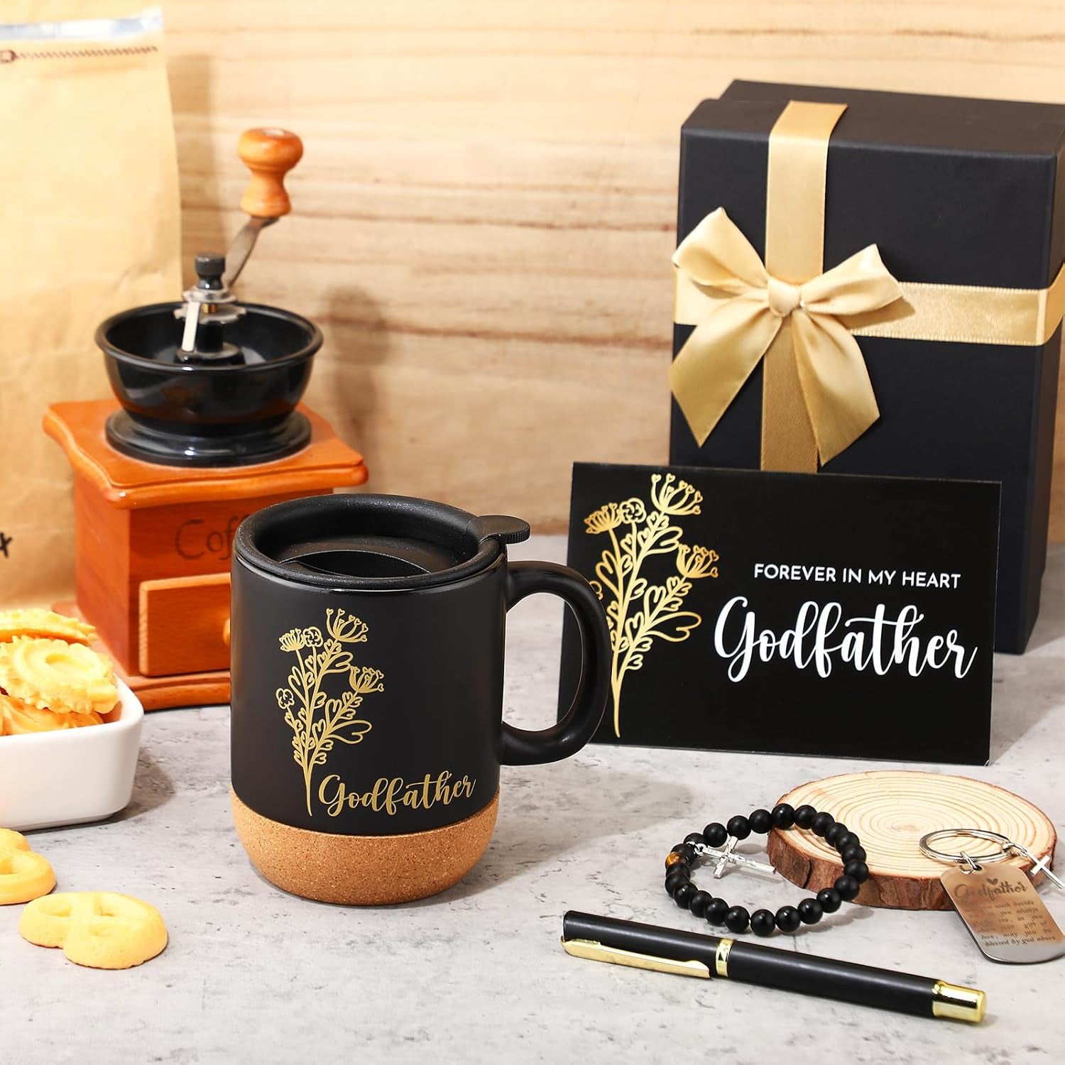 Father'S Day Godfather Proposal Gift for Men God Father Appreciation Gift Set with Father God Mug Cup Keychain Bracelet Forever in My Heart Card for Dad Baptism Favor(Black,Godfather)