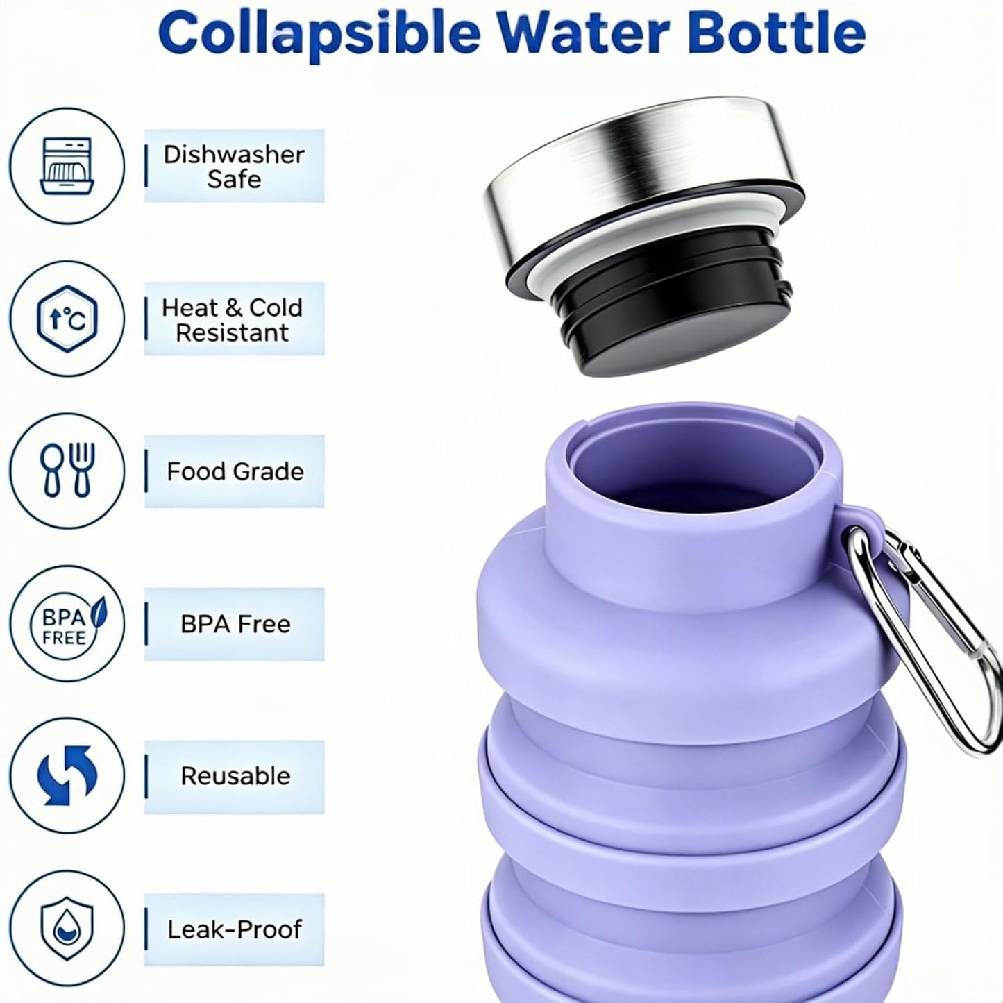 Collapsible Water Bottle 17Oz（500Ml），Travel Portable Sport Water Bottle，Reusable Silicone Foldable Water Bottles for Gym Camping Hiking (Purple+Black)