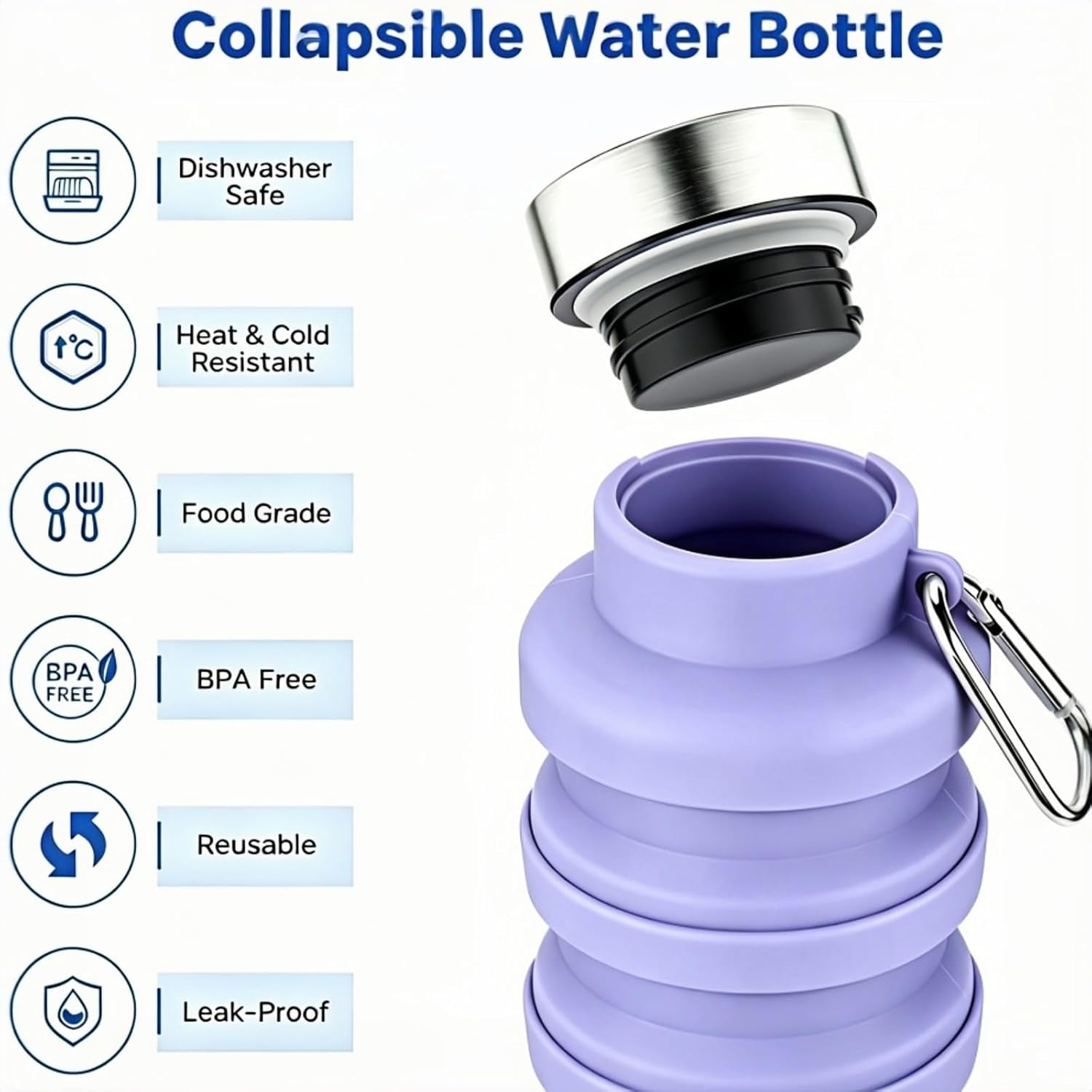 Collapsible Water Bottle 17Oz（500Ml），Travel Portable Sport Water Bottle，Reusable Silicone Foldable Water Bottles for Gym Camping Hiking (Purple+Black)