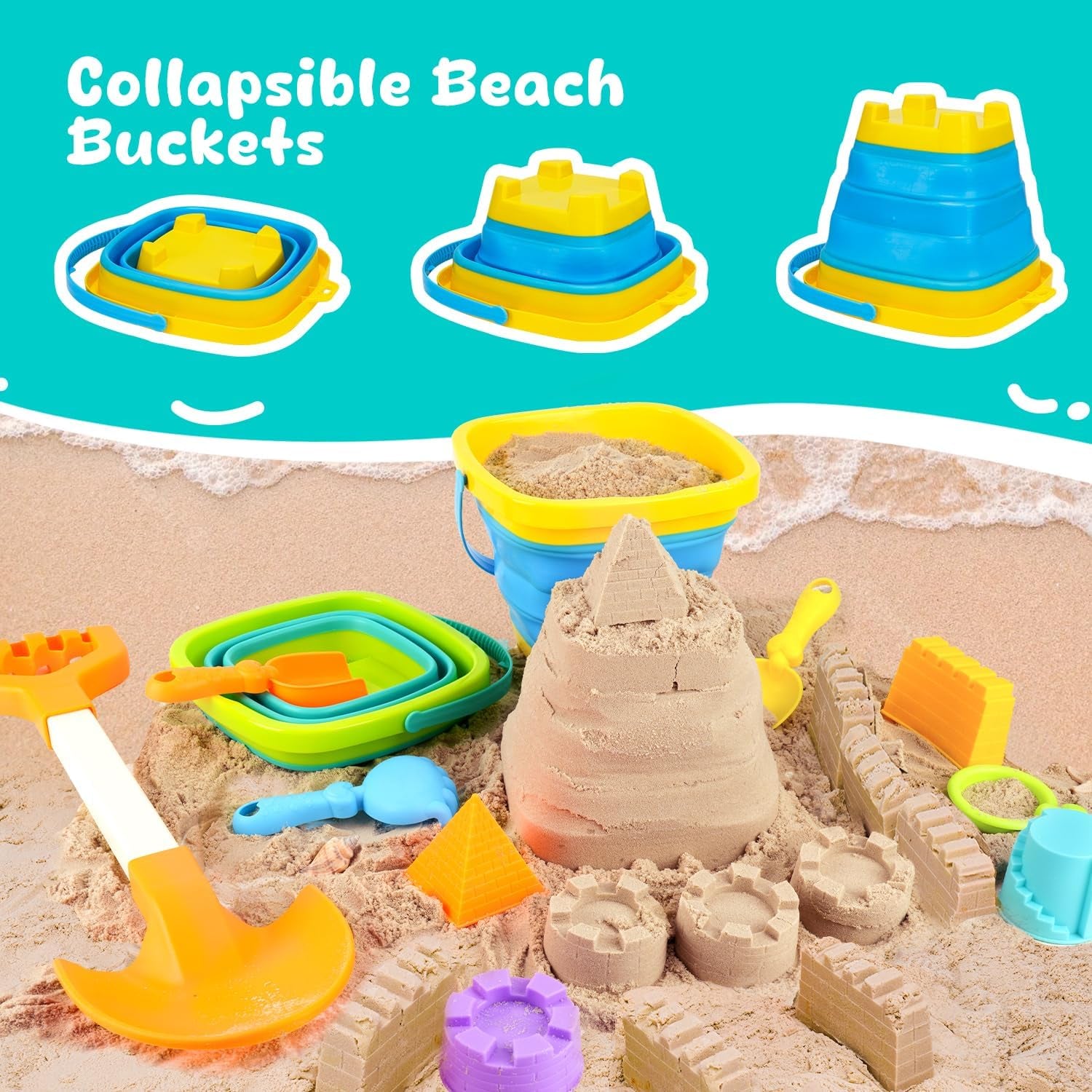 Collapsible Beach Toys for Kids Ages 4-8, Sand Toys for Toddlers Ages 3-4-8, Beach Toy Set with Collapsible Beach Buckets, Sandbox Toy for Kids with Castle Sand Mold and Large Shovels