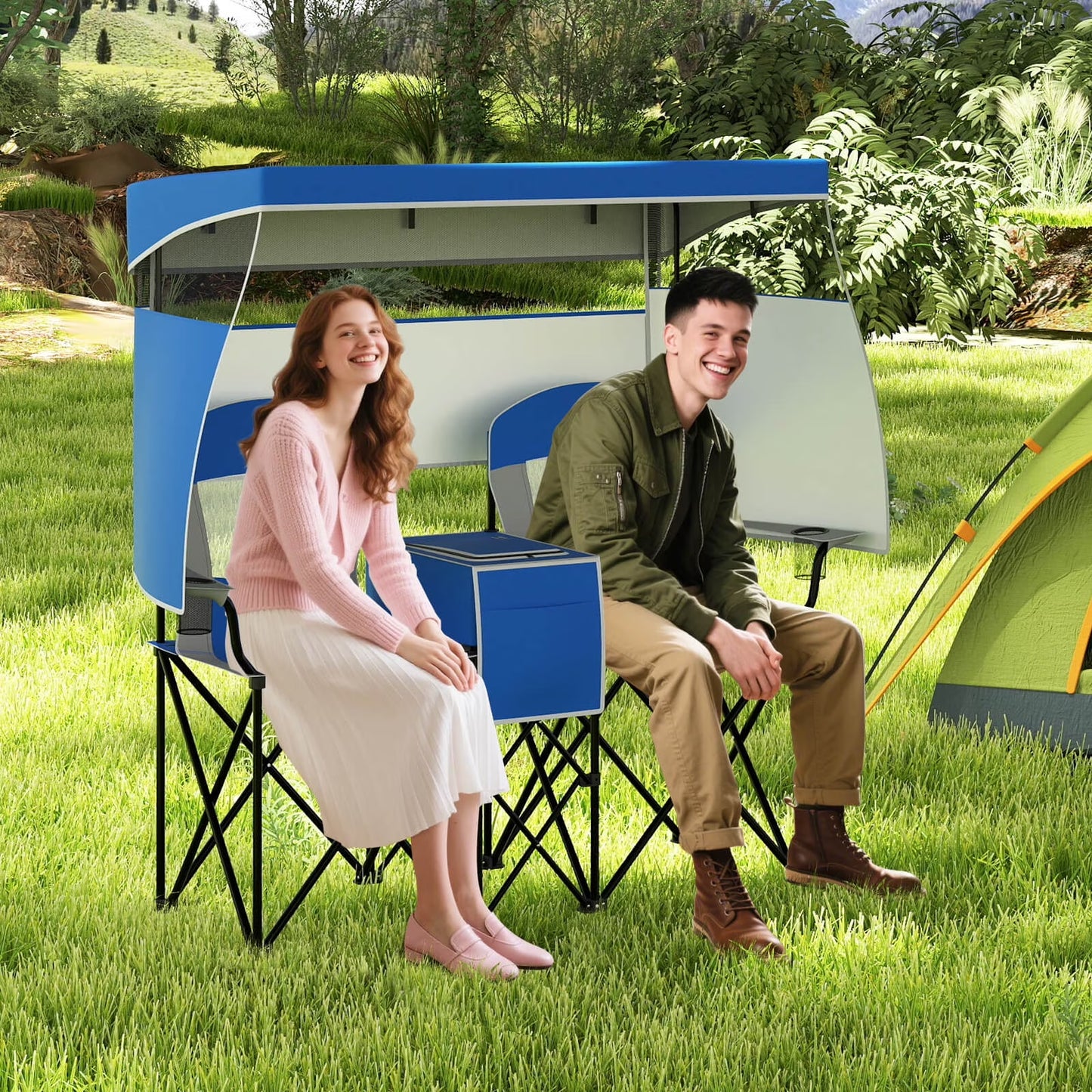 Double Beach Chair with Adjustable Canopy Oversized Folding Camping Chair Navy