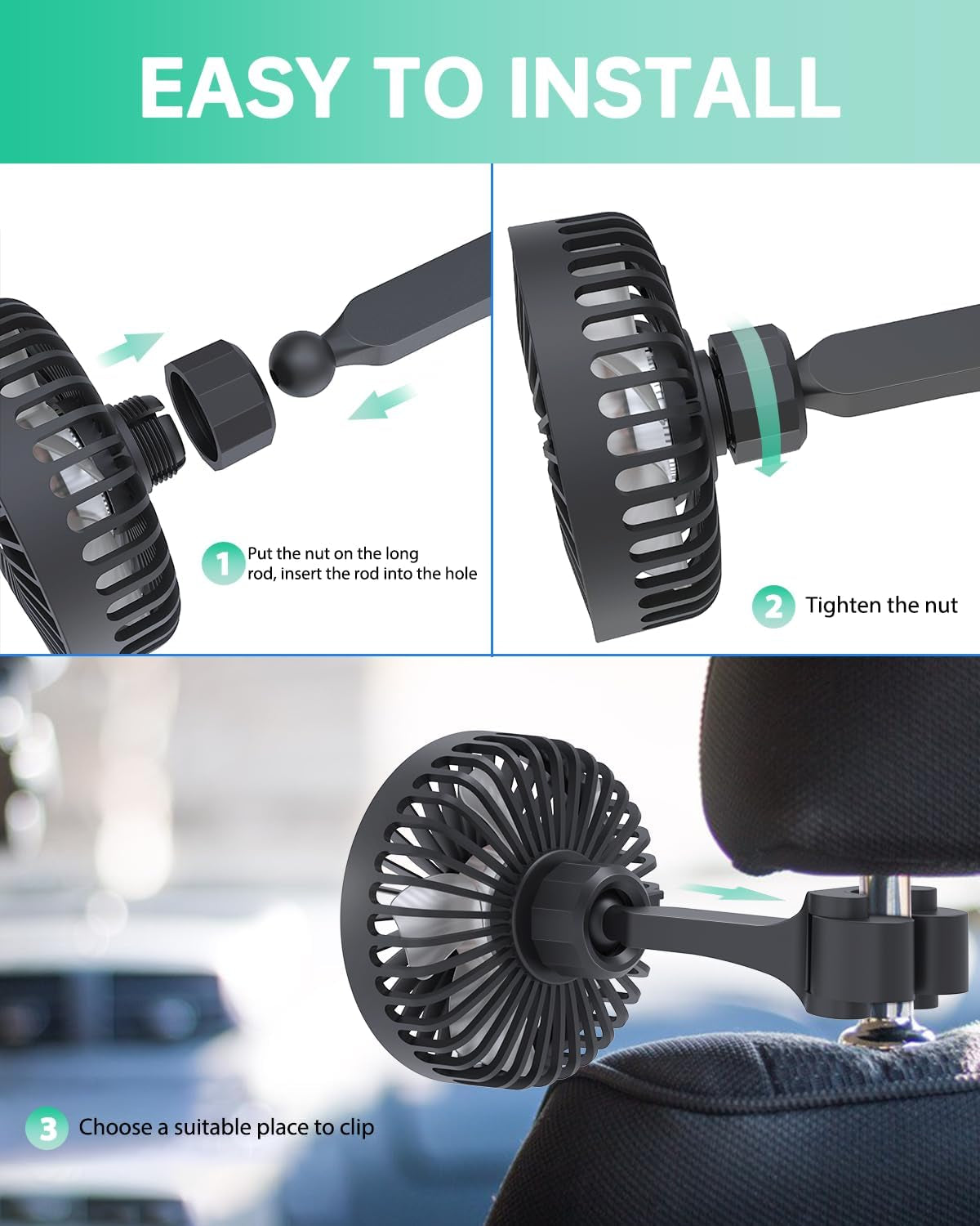 Car Fan for Rear Seat USB Powered Powerful 3 Speed 5V Fan with Adjustable Clip for Vehicles SUV RV