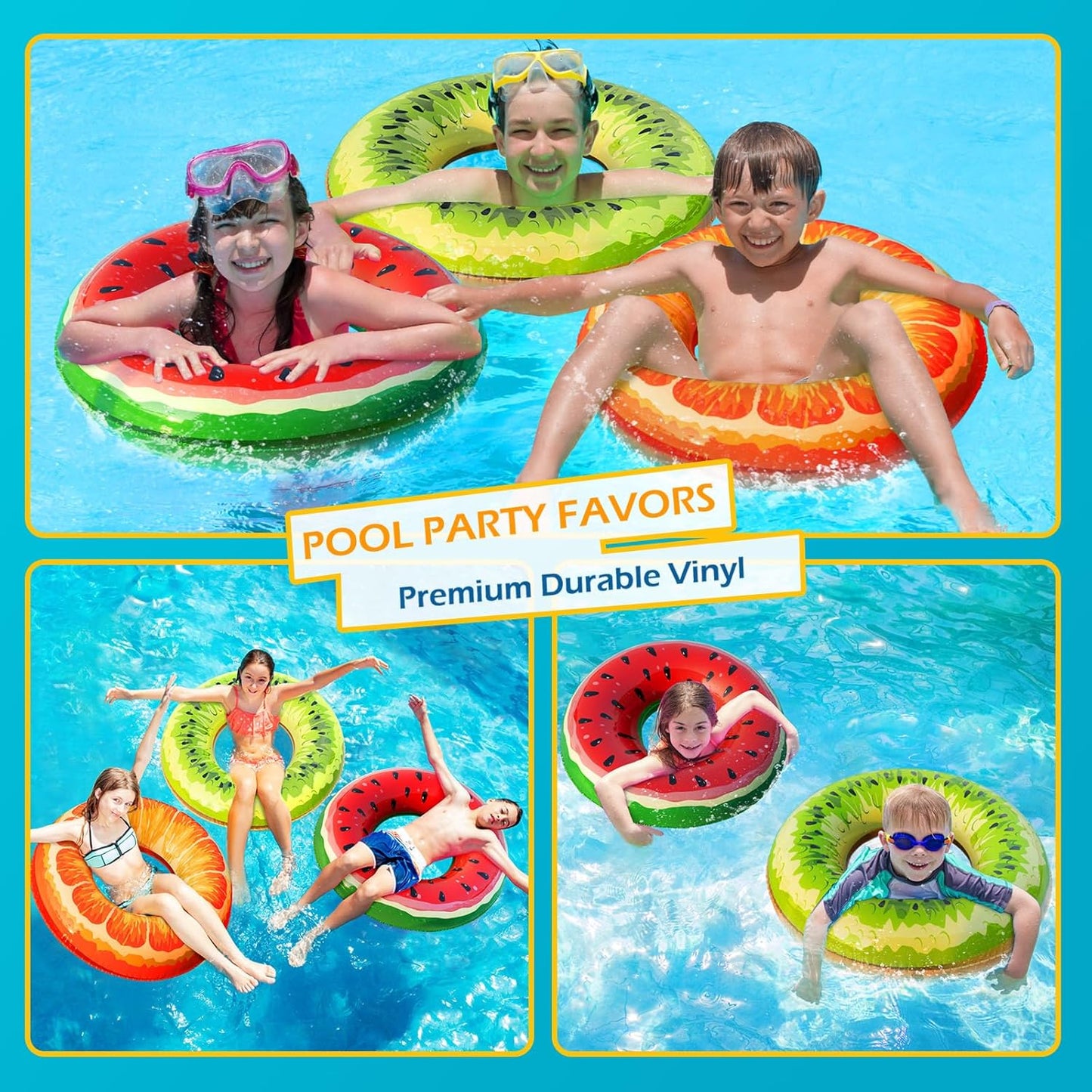 Inflatable Pool Floats Kids - 3 Pack Floaties Pool Tubes Swim Rings Fruit Water Floaty Watermelon Kiwi Orange Inflatable Pool Toys Float for Swimming Pool Party Lake Beach Kids Adults