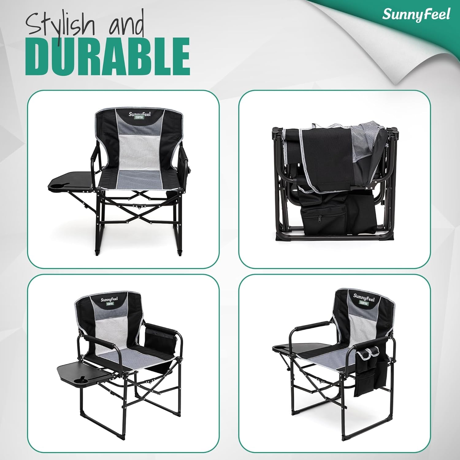 Oversized Folding Camping Directors Chair with Side Table and Storage Pockets – Heavy-Duty Portable Chair for Adults, Beach, Picnic, Fishing, Concerts, Tailgating