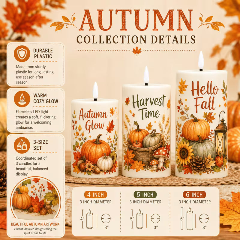 Three autumn-design flameless pillar candles with a feature list and size details