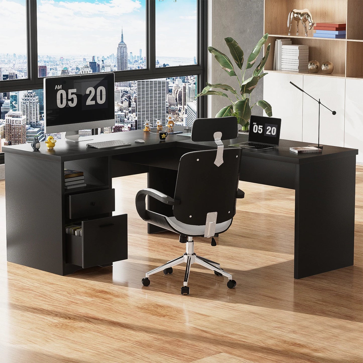 Lift Top L-Shaped Desk with Charge Station, Corner Standing Desk with File Drawers for Home Office