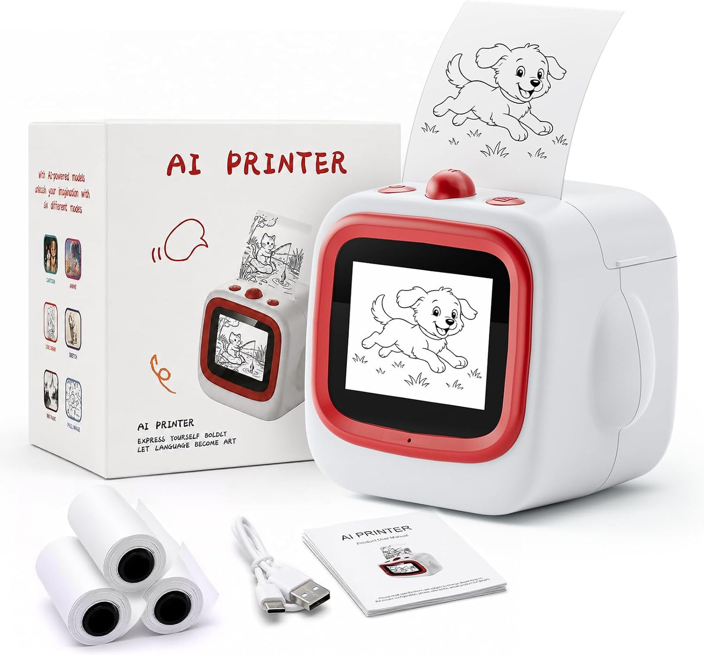 AI Sticker Printer for Kids, Voice Activated Mini Printer with Preview Screen & AI Voice Response, Portable Thermal Sticker Maker with 6 Art Styles & App, Sticker Printer Box Gift for Girls Boys