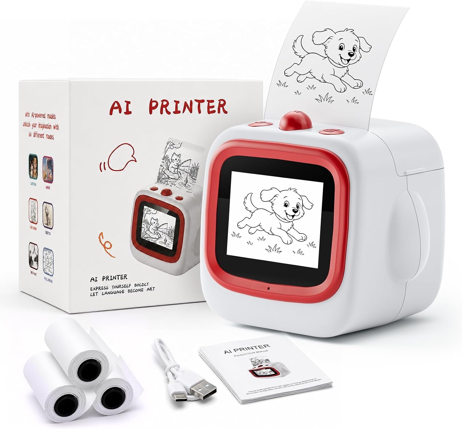 AI Sticker Printer for Kids, Voice Activated Mini Printer with Preview Screen & AI Voice Response, Portable Thermal Sticker Maker with 6 Art Styles & App, Sticker Printer Box Gift for Girls Boys