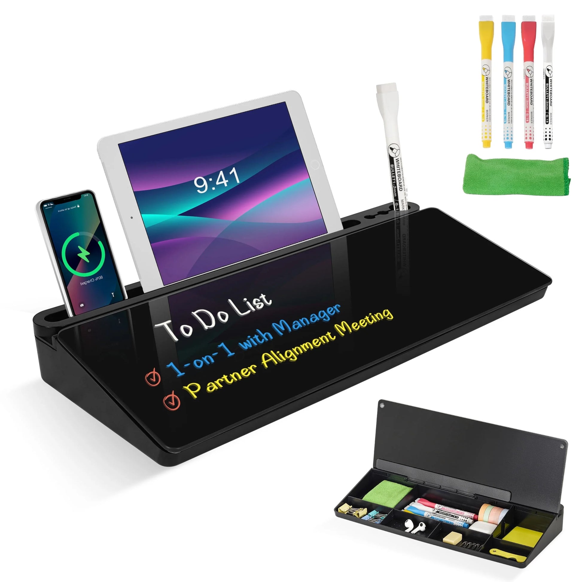 Desk White Board with Computer Keyboard Stand, Desktop Glass Whiteboard with Storage, Black Dry Erase Board with Drawers for Home Office Desk Organizers with Accessories