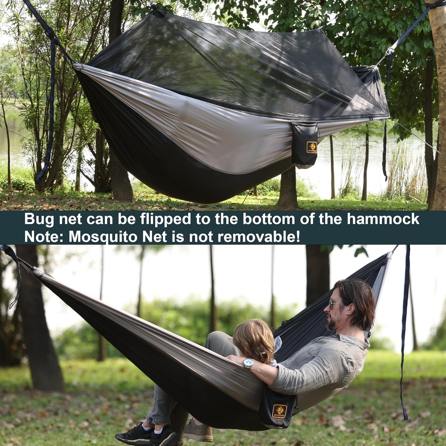 Camping Hammock with Mosquito Net, Portable Lightweight Parachute Nylon, Tree Straps, D-Shape Carabiners, 114 x 57 Inch