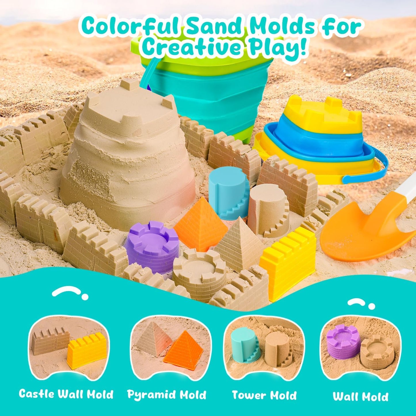 Collapsible Beach Toys for Kids Ages 4-8, Sand Toys for Toddlers Ages 3-4-8, Beach Toy Set with Collapsible Beach Buckets, Sandbox Toy for Kids with Castle Sand Mold and Large Shovels