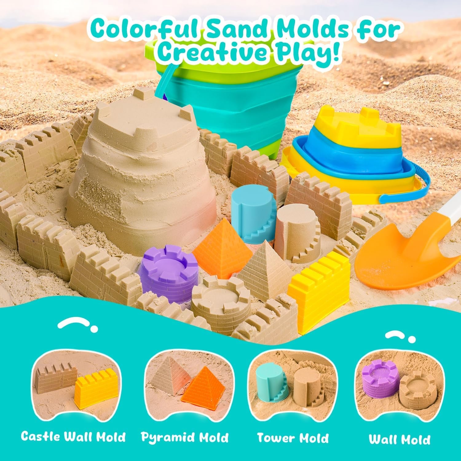 Collapsible Beach Toys for Kids Ages 4-8, Sand Toys for Toddlers Ages 3-4-8, Beach Toy Set with Collapsible Beach Buckets, Sandbox Toy for Kids with Castle Sand Mold and Large Shovels