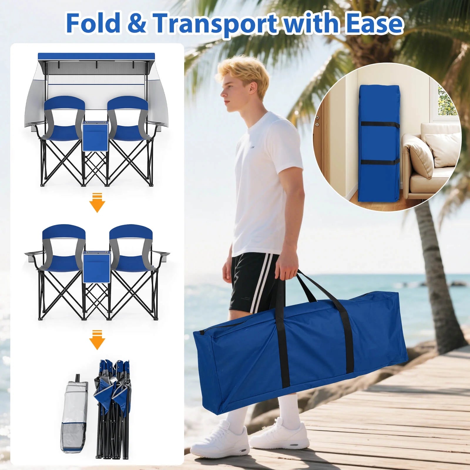 Double Beach Chair with Adjustable Canopy Oversized Folding Camping Chair Navy