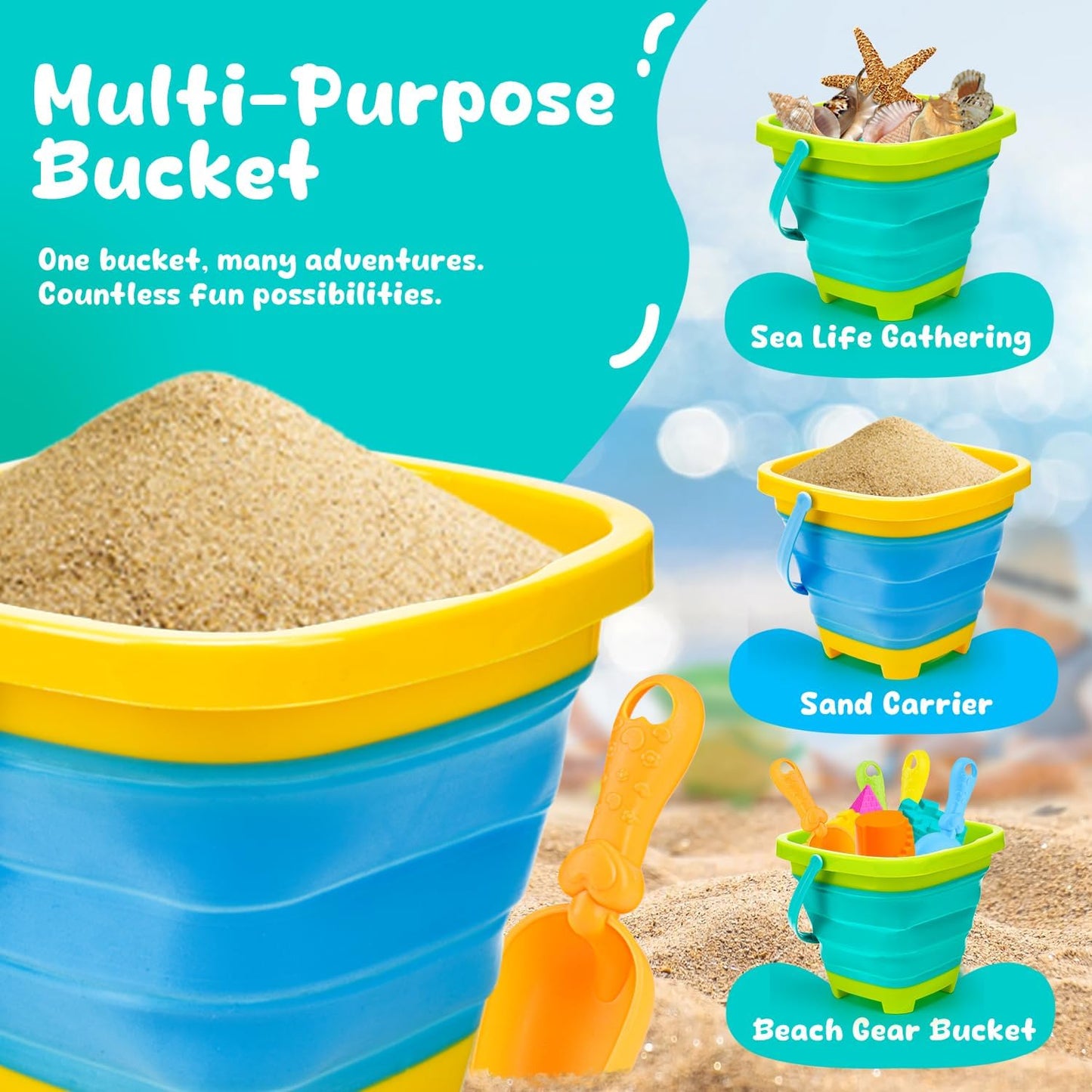 Collapsible Beach Toys for Kids Ages 4-8, Sand Toys for Toddlers Ages 3-4-8, Beach Toy Set with Collapsible Beach Buckets, Sandbox Toy for Kids with Castle Sand Mold and Large Shovels