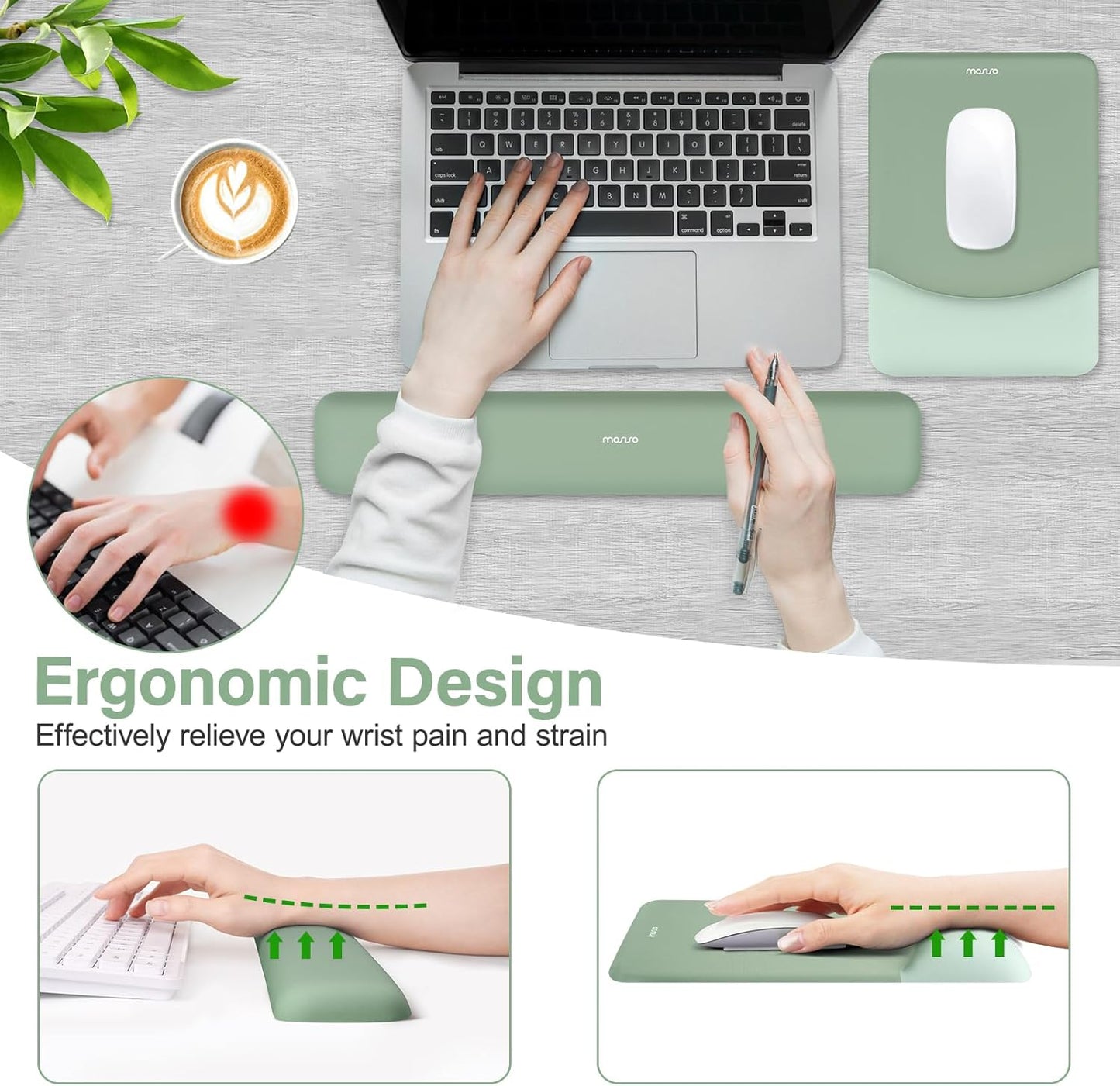 Keyboard Mouse Pad Set, Large Gaming Mouse Pad&Rectangular Keyboard Wrist Rest&Mousepad with Wrist Rest&Coaster, Ergonomic Non-Slip&Easy Typing Pad with Curved Silicone Lining, Antique Green