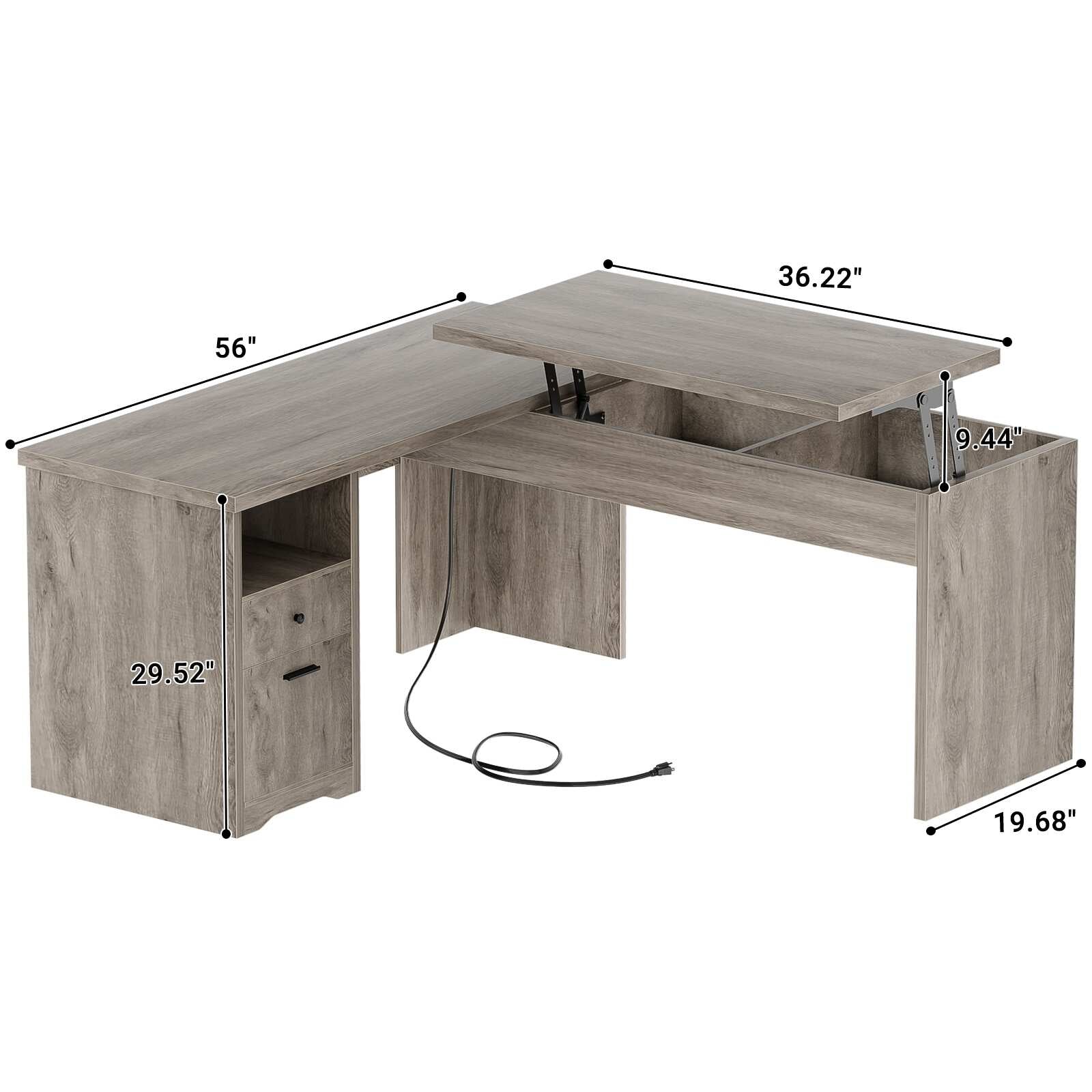 Lift Top L-Shaped Desk with Charge Station, Corner Standing Desk with File Drawers for Home Office