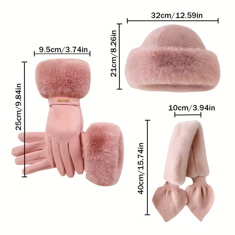 Pink faux fur hat, gloves and scarf laid out with size measurements