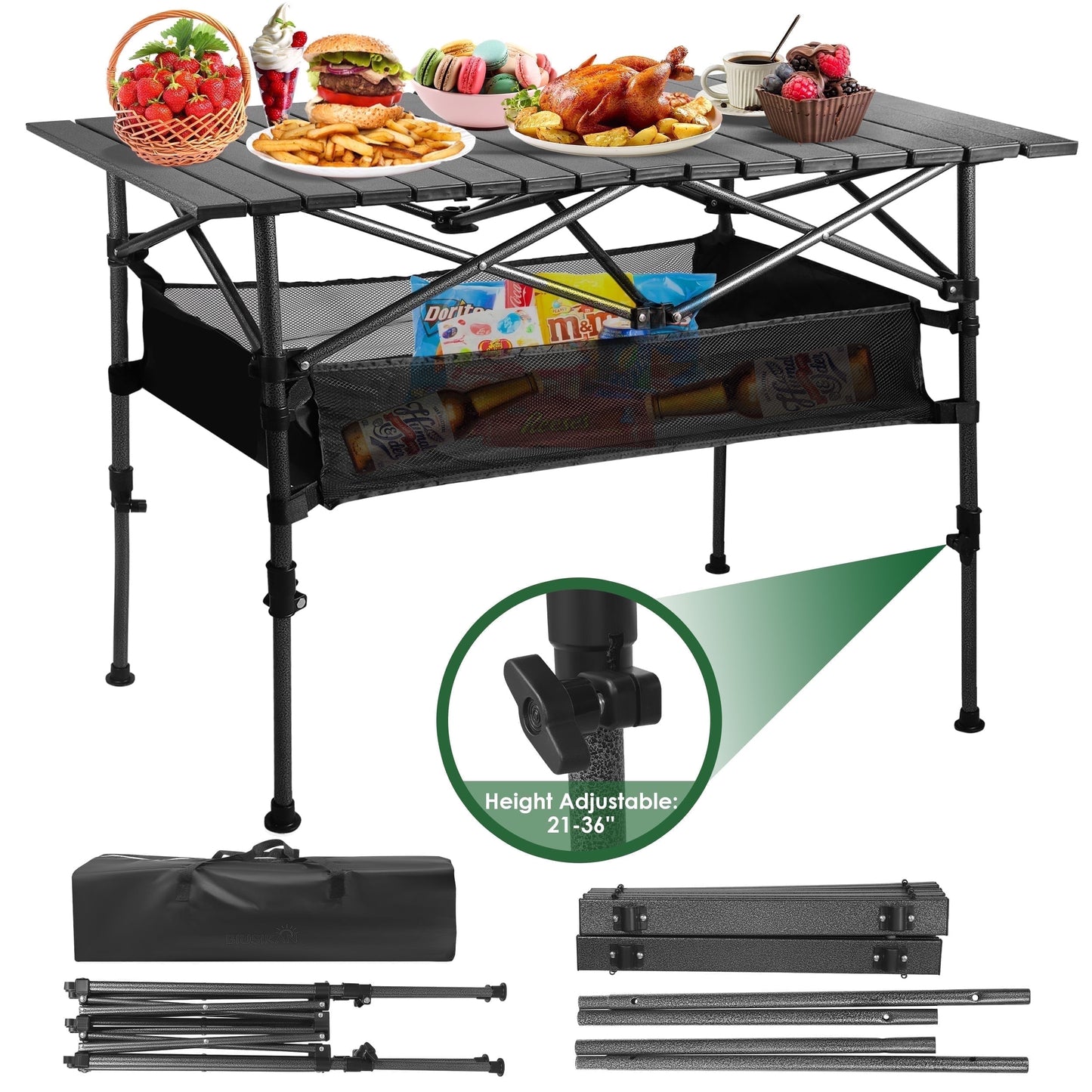 Folding Camping Table Adjustable Height 21-36 in Steel Frame 37 x 22 in Outdoor Picnic Table Black